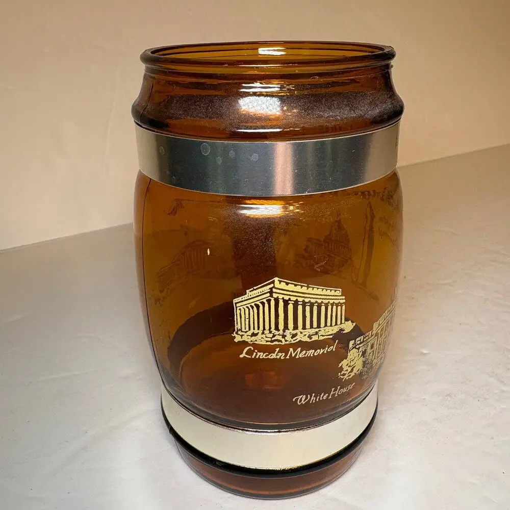 Vintage Washington D.C. Monuments Souvenir Brown Glass Barrel Mug Wood Handle